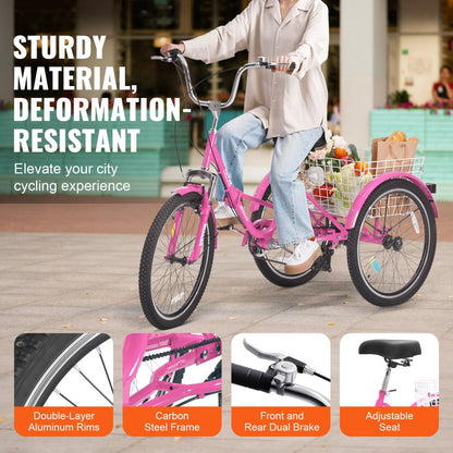 SS002-6A - Durable Folding Adult Tricycle with Carbon Steel Frame, Pink