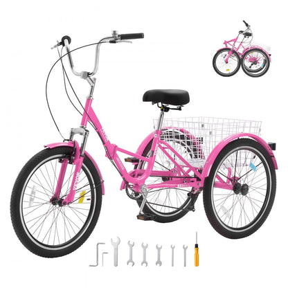 SS002-6A - Durable Folding Adult Tricycle with Carbon Steel Frame, Pink