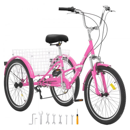 SS002-6A - Durable Folding Adult Tricycle with Carbon Steel Frame, Pink