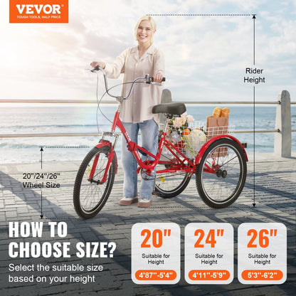 SS003-2A - 24-Inch Foldable Tricycle with Dual Brakes and Rear Basket