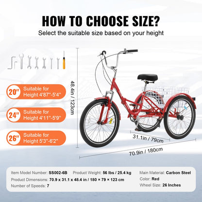 SS002-6B - 26-Inch Folding Tricycle, 7-Speed Design for Easy Assembly