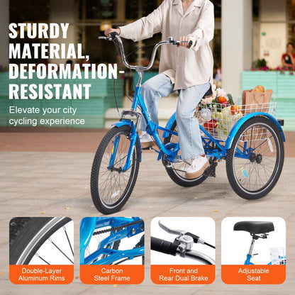 SS002-5C - VEVOR 24-Inch 7-Speed Folding Tricycle with Basket