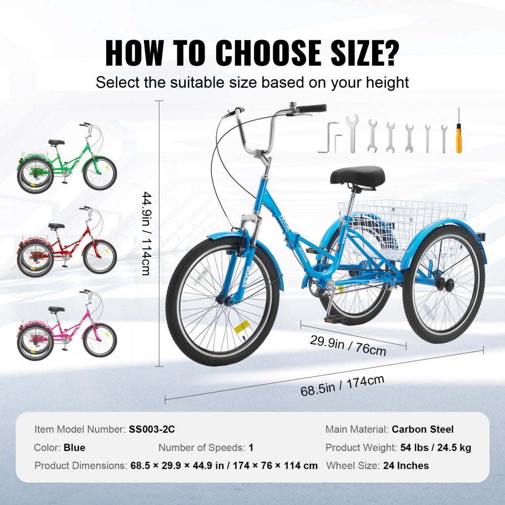 SS003-2C - 24-Inch Foldable Blue Adult Tricycle for Easy Transport