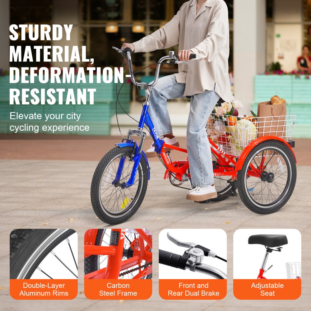 SS002-4 - Portable 20-Inch Adult Tricycle with Rear Basket & Adjustable Seat