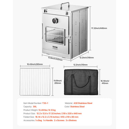 T35-1 - Compact 3-Tier Stainless Steel Camping Oven, 12.2x12.6x17.3 Inches