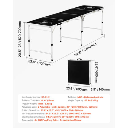 BP-01-2 - 8ft Folding Beer Pong Table with Storage & Carry Handle