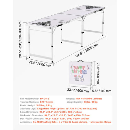 BP-08-2 - 8ft Foldable Beer Pong Table with Adjustable Height