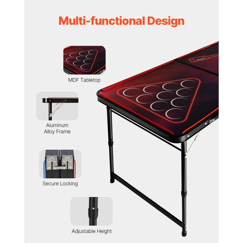 BP-01-LED - 8ft Foldable Beer Pong Table with LED Lights and Storage