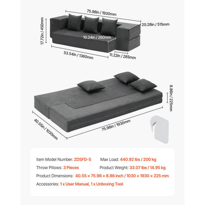 ZDSFD-5 - Compact Foam Folding Sofa Bed with Washable Cover, 40.55" x 75.98"