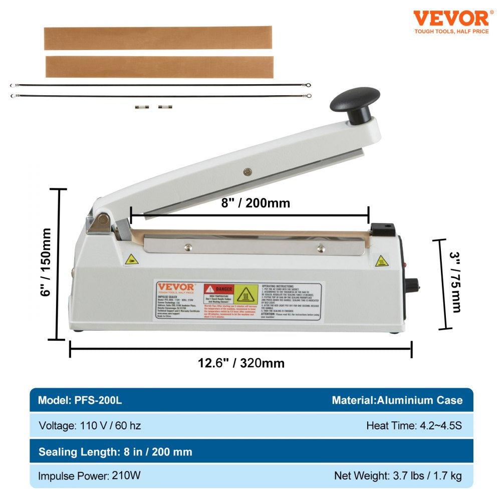 PFS-200L - 8" Manual Impulse Sealer with Adjustable Heat Settings