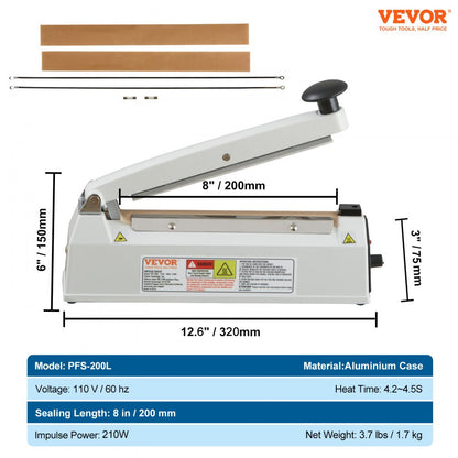 PFS-200L - 8" Manual Impulse Sealer with Adjustable Heat Settings