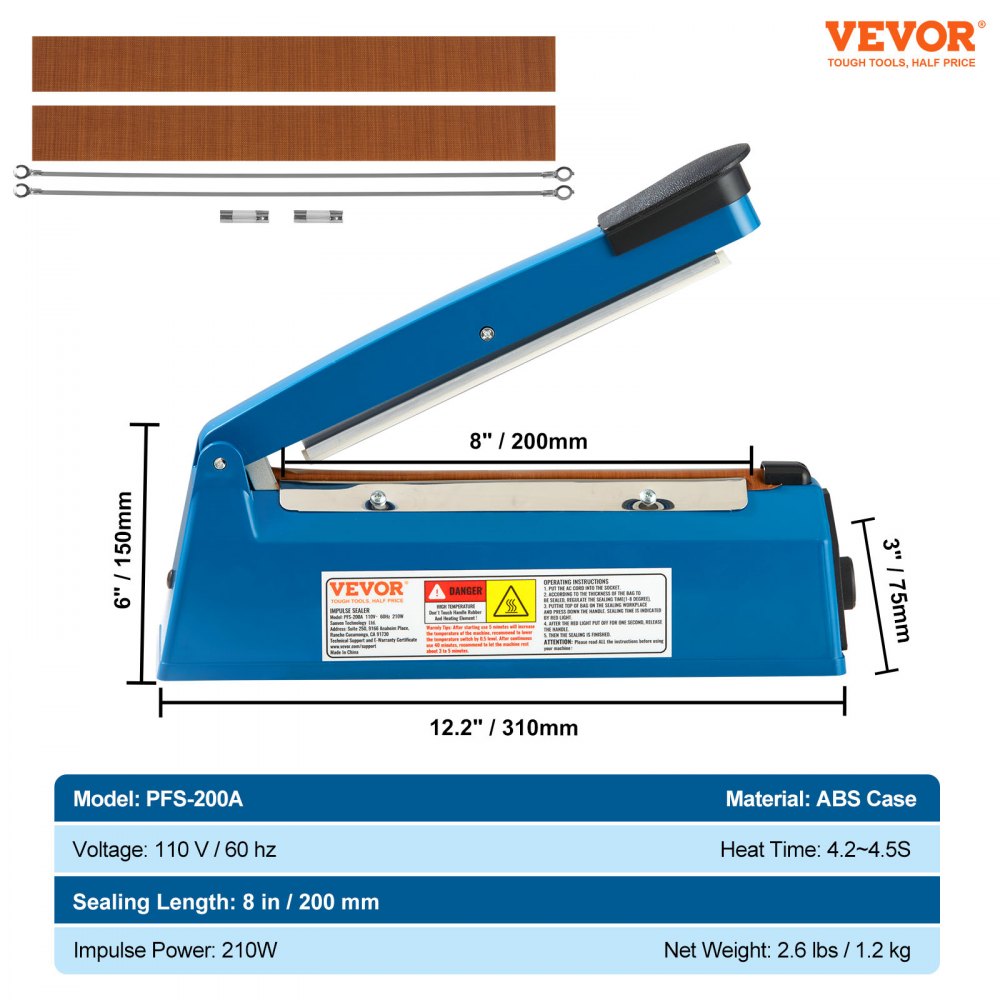 PFS-200A - 8" VEVOR Manual Impulse Sealer with 8 Heat Settings