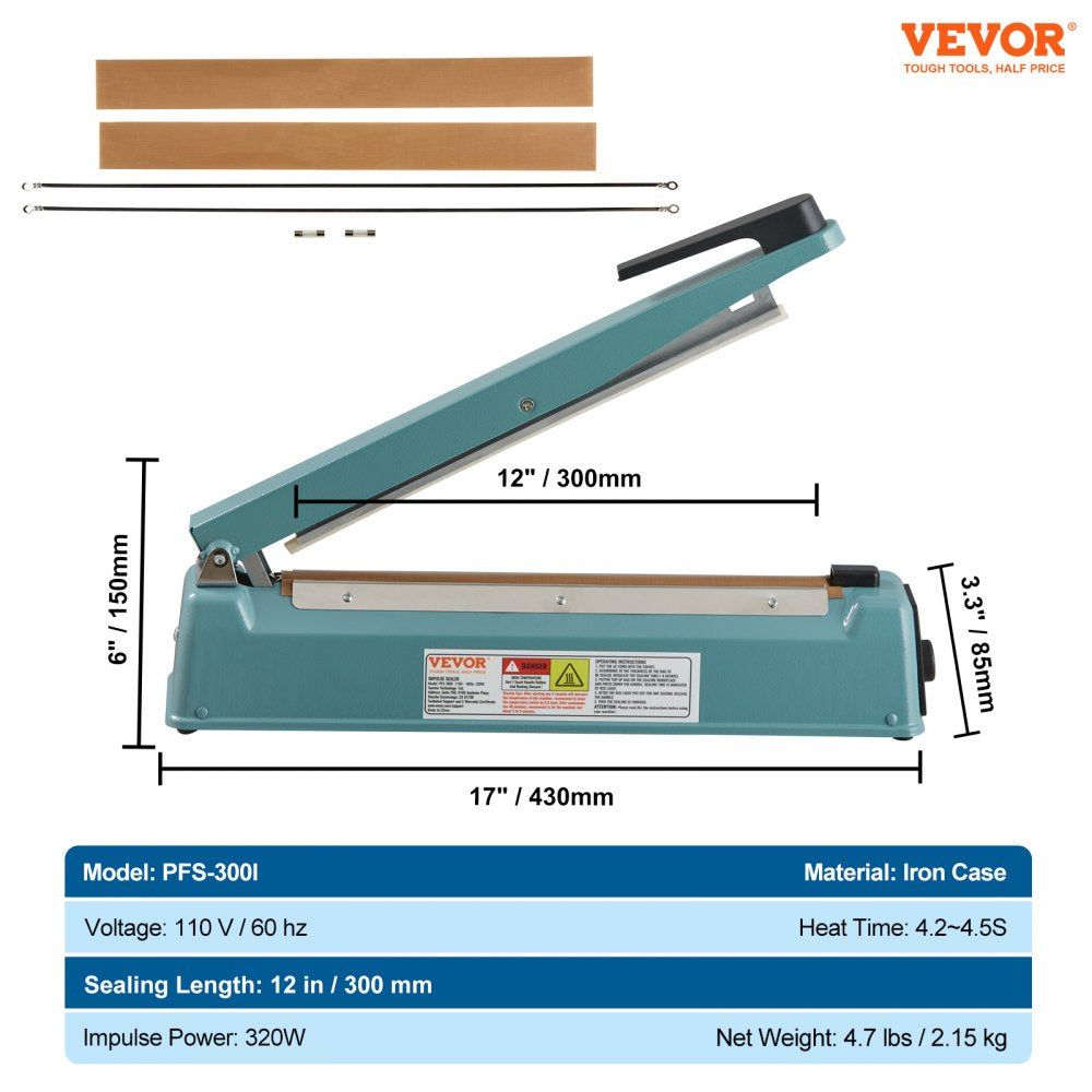 PFS-300I - 12" VEVOR Impulse Sealer with Adjustable Heating for Versatile Sealing