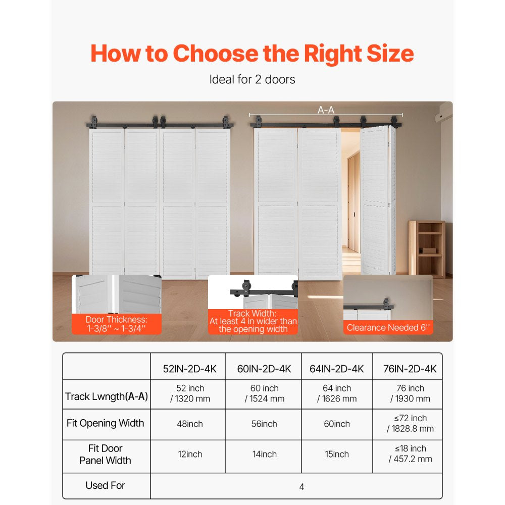 64IN-2D-4K - Durable 64" Bi-Folding Barn Door Hardware Kit for Heavy Doors