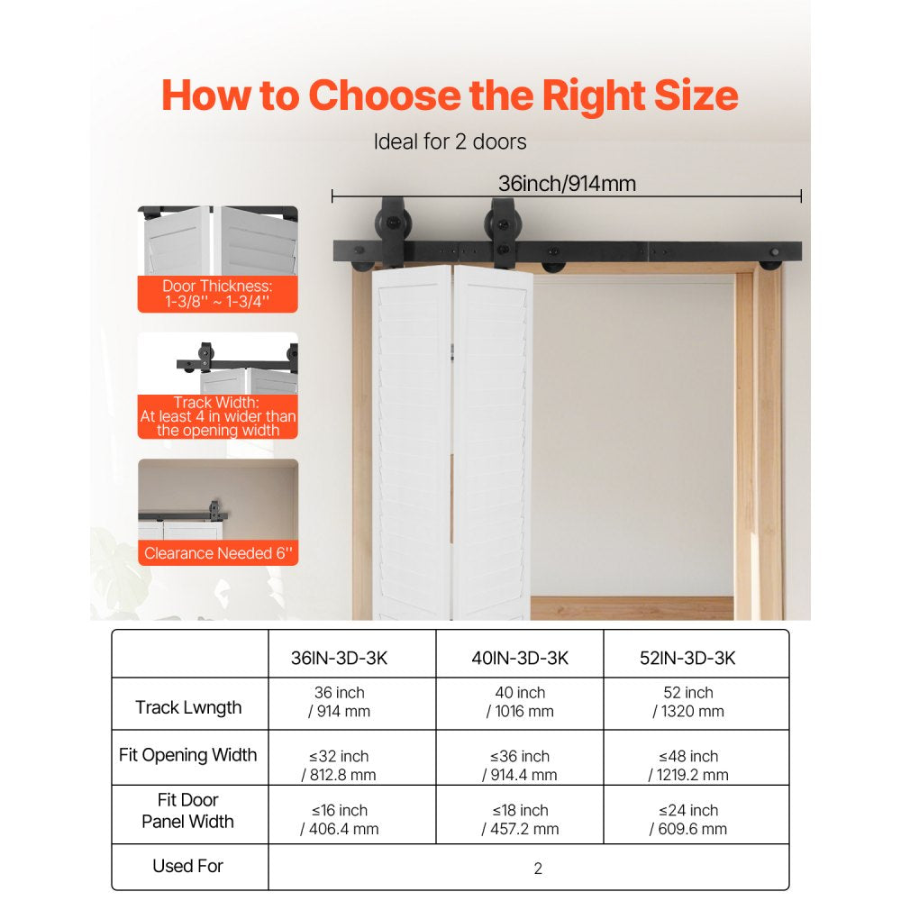 36IN-3D-3K - 36" Bi-Fold Barn Door Track Kit, 330 lb Capacity