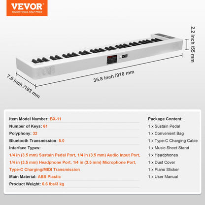 BX-11 - 61-Key Portable Folding Piano with Bluetooth & MIDI Connectivity