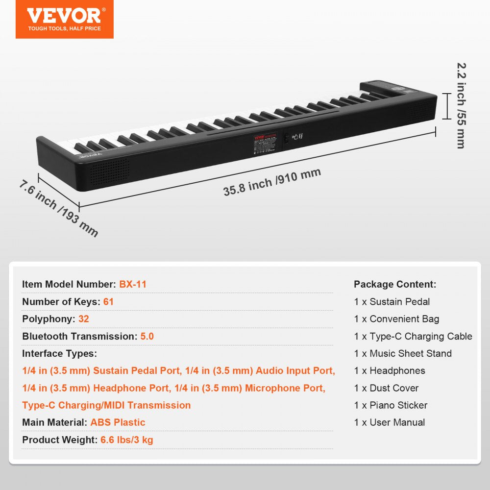 BX-11 - 61-Key Ultra-Slim Folding Piano with Bluetooth & LED Display