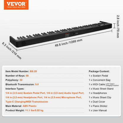 BX-20 - Ultra-Slim 88-Key Folding Piano with Bluetooth & MIDI, Black