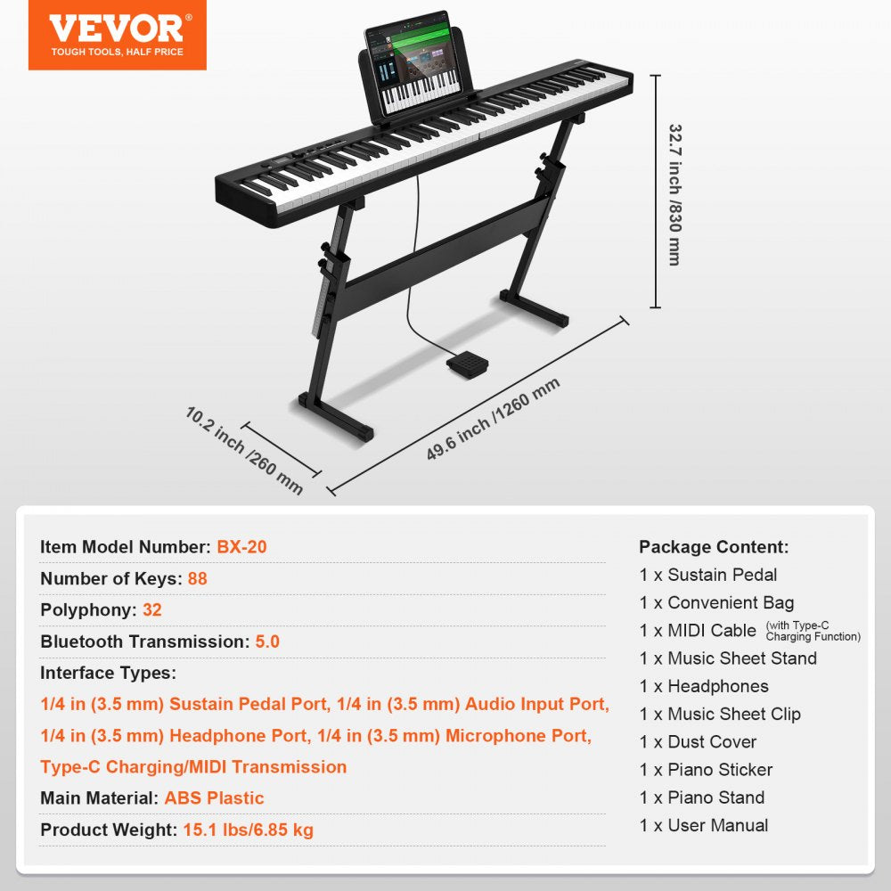 BX-20 - 88-Key Portable Folding Piano with Bluetooth & Rechargeable Battery