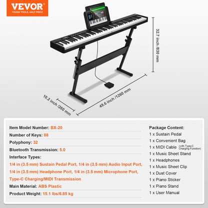 BX-20 - 88-Key Portable Folding Piano with Bluetooth & Rechargeable Battery