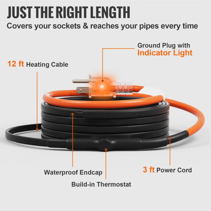 5MLTV1-12 - 12FT Self-Regulating Heating Cable for Winter Pipe Protection