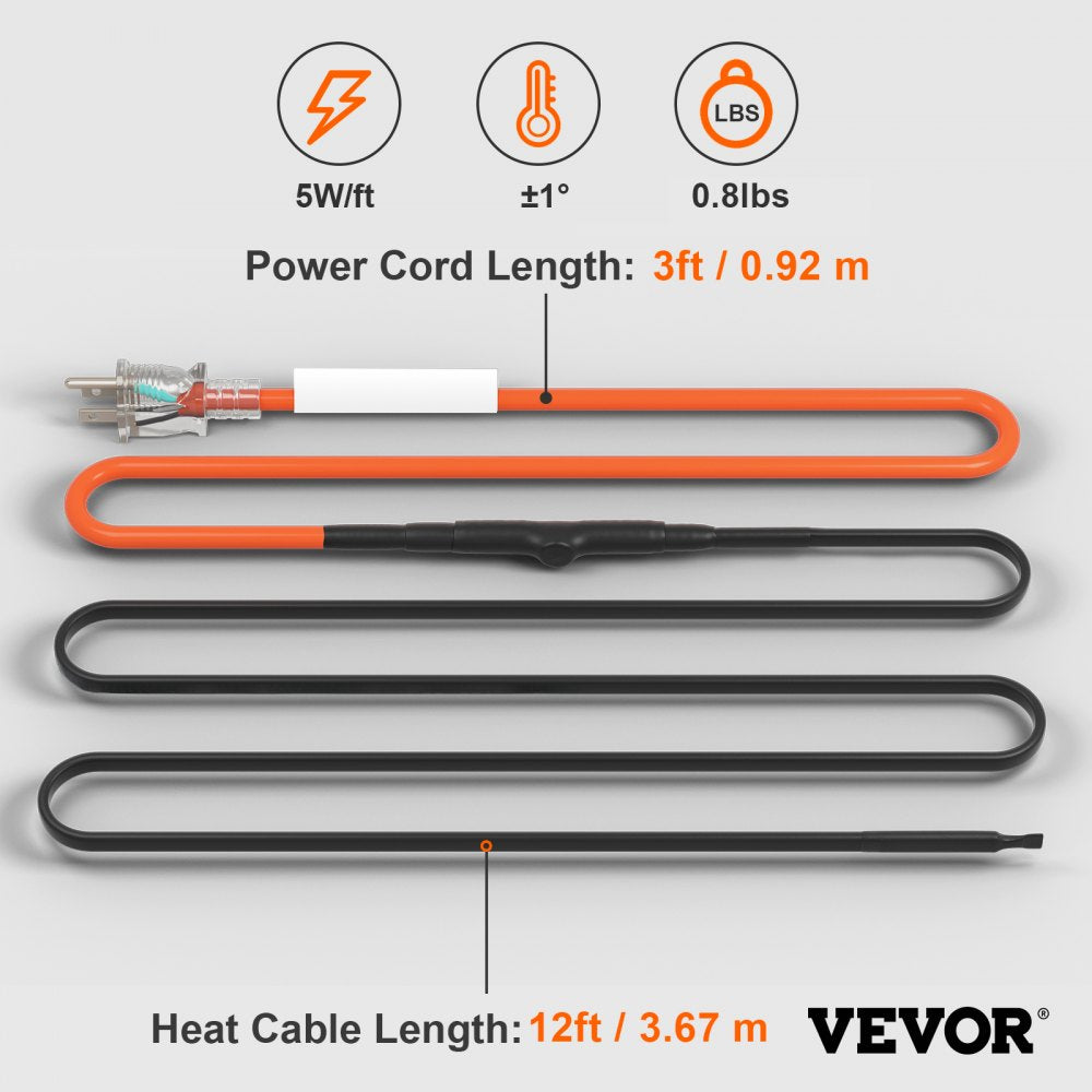 5MLTV1-12 - 12FT Self-Regulating Heating Cable for Winter Pipe Protection