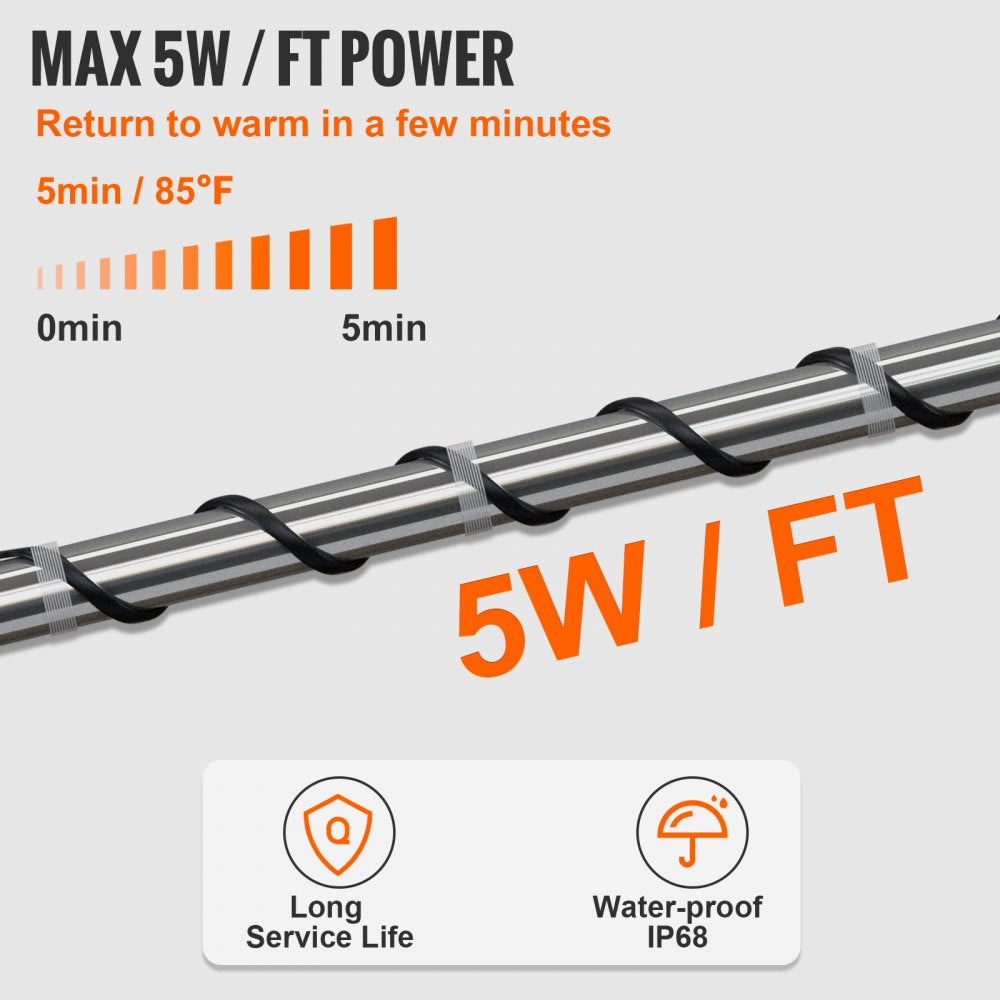 5MLTV1-40 - 40FT Self-Regulating Heating Cable with Thermostat, 5W/FT