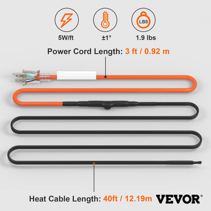 5MLTV1-40 - 40FT Self-Regulating Heating Cable with Thermostat, 5W/FT