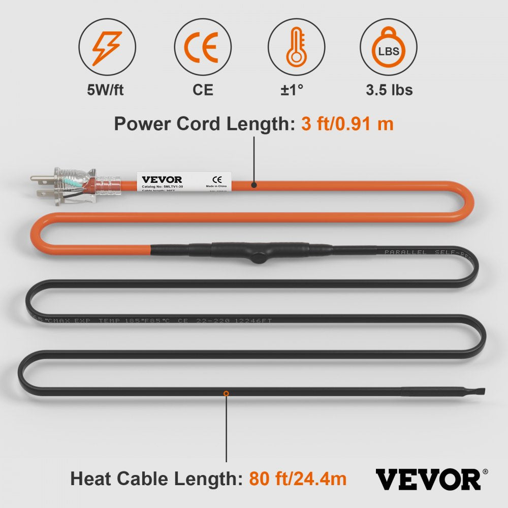 5MLTV1-80 - 80ft Self-Regulating Heating Cable for Pipes