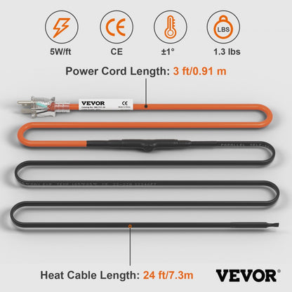 5MLTV1-24 - 24ft Self-Regulating Pipe Heating Cable for Freezing Protection