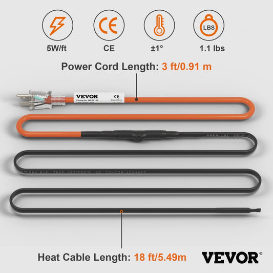 5MLTV1-18 - 18ft Self-Regulating Heating Cable for Pipes, 5W/ft