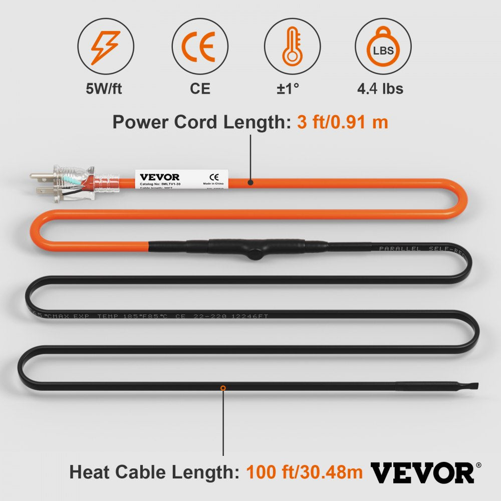 5MLTV1-100 - 100ft Self-Regulating Pipe Heating Cable for Freeze Protection