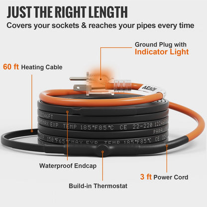 5MLTV1-60 - 60ft Self-Regulating Heating Cable for Pipes, 5W/ft