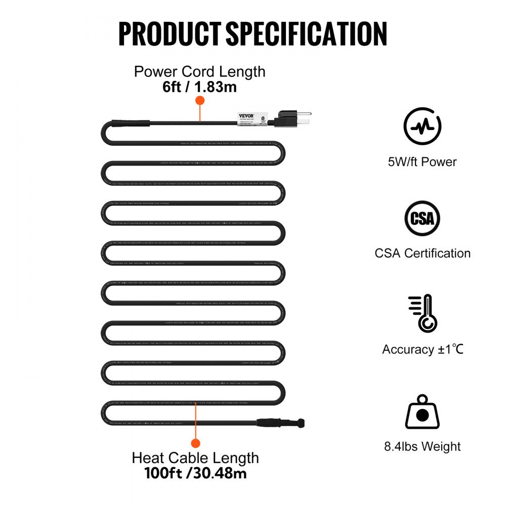 5LTV1-100 - 100ft Self-Regulating Pipe Heating Cable for Ice Prevention