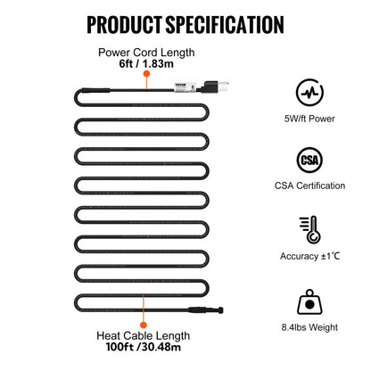 5LTV1-100 - 100ft Self-Regulating Pipe Heating Cable for Ice Prevention