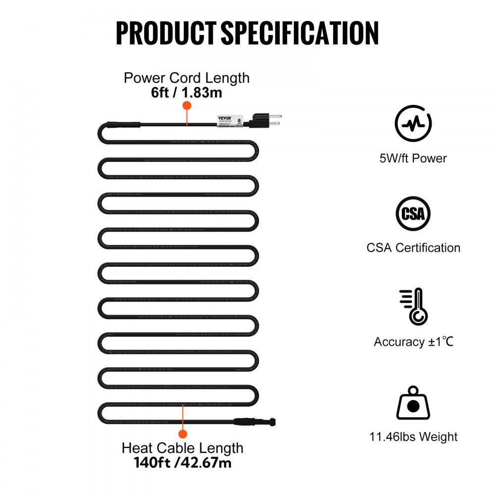 5LTV1-140 - 140ft Self-Regulating Heating Cable for Ice Prevention