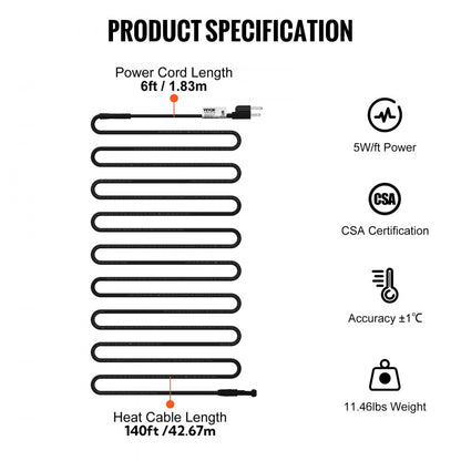 5LTV1-140 - 140ft Self-Regulating Heating Cable for Ice Prevention