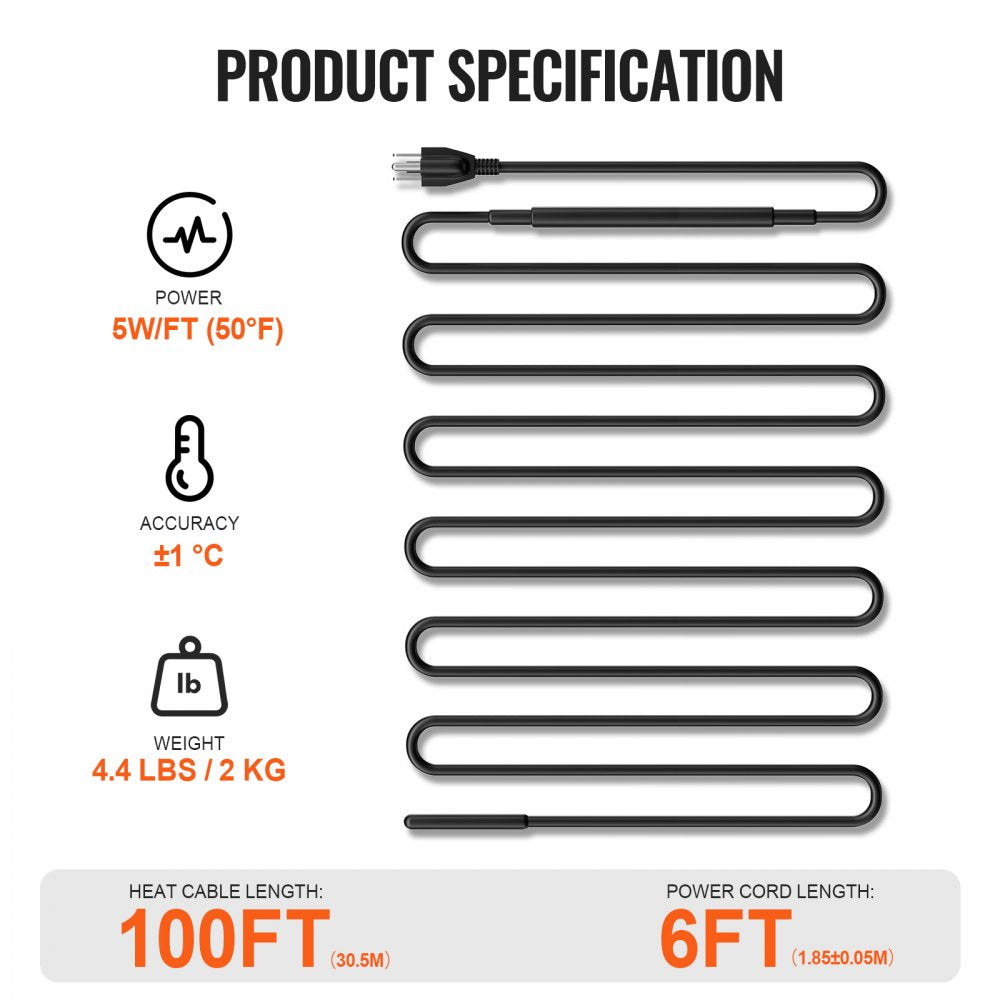 ETR series (5W/FT) - 100FT Self-Regulating Heating Cable for Roofs & Gutters