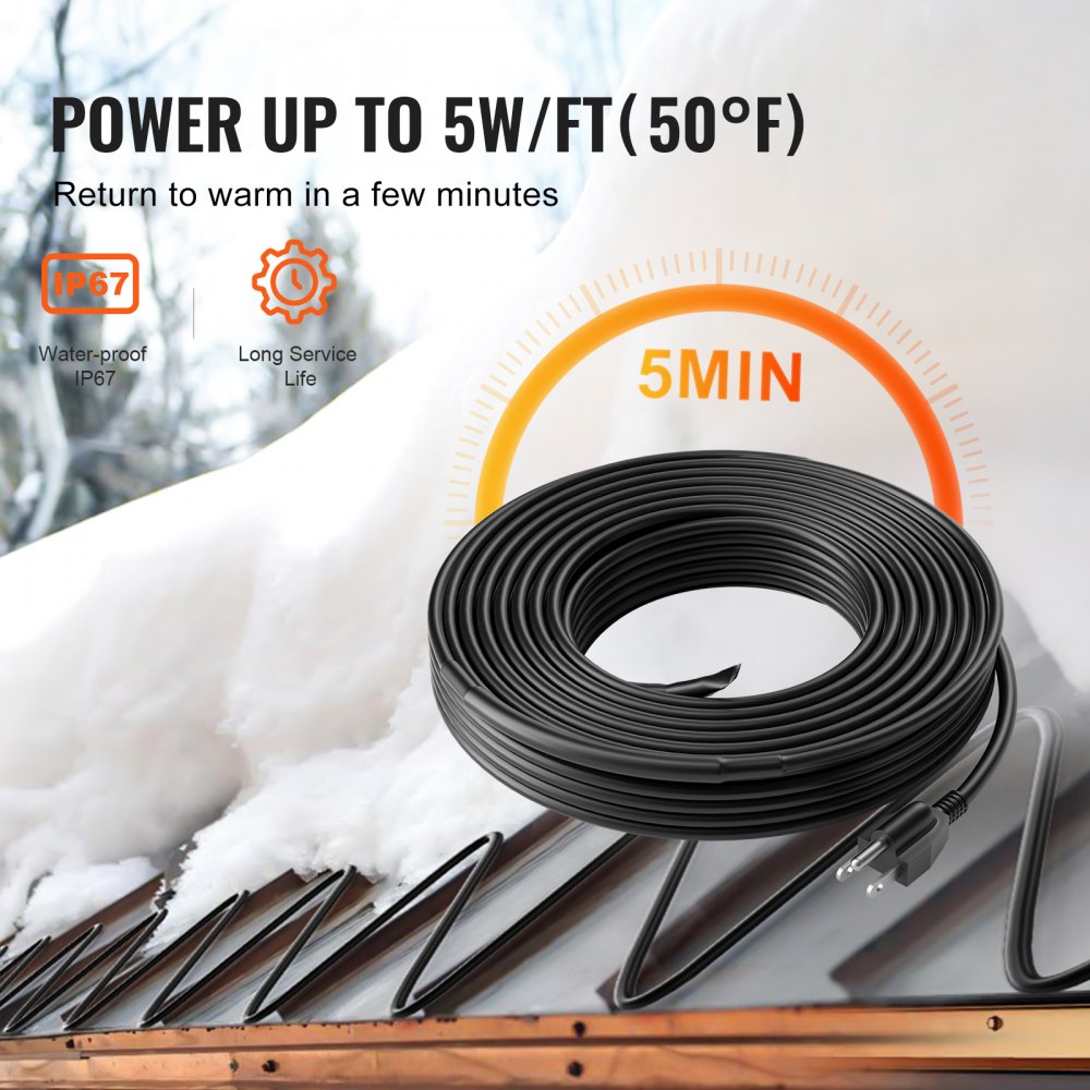 ETR series (5W/FT) - 24FT Self-Regulating Heating Cable for Roofs & Gutters