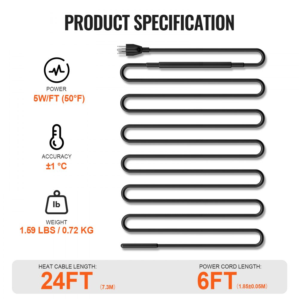 ETR series (5W/FT) - 24FT Self-Regulating Heating Cable for Roofs & Gutters