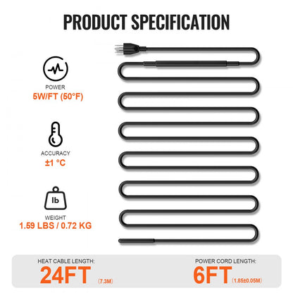 ETR series (5W/FT) - 24FT Self-Regulating Heating Cable for Roofs & Gutters