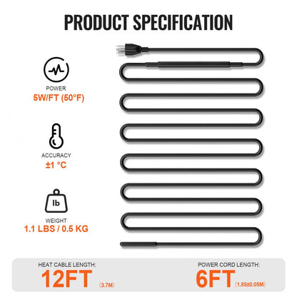 ETR series (5W/FT) - 12FT Self-Regulating Heating Cable for Winter Protection