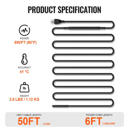 ETR series (5W/FT) - 50FT Self-Regulating Heating Cable for Roofs & Gutters