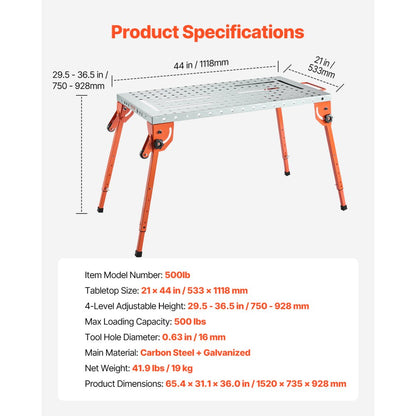500lb - Foldable 44" x 21" Welding Table with Adjustable Height
