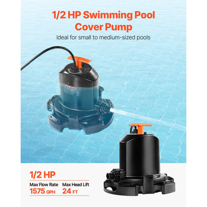 ZX30100 - Submersible Pool Cover Pump, 1/2 HP, 24 ft Lift, 25 ft Cord