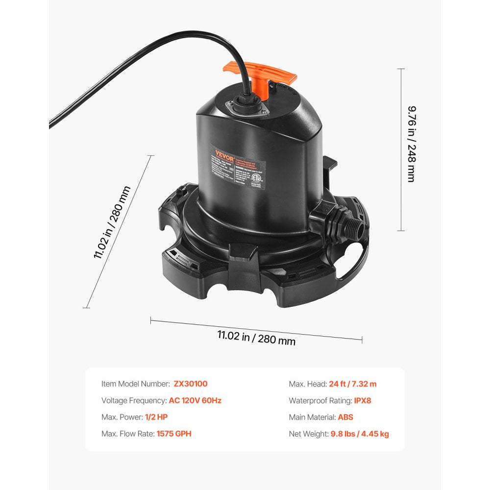 ZX30100 - Submersible Pool Cover Pump, 1/2 HP, 24 ft Lift, 25 ft Cord