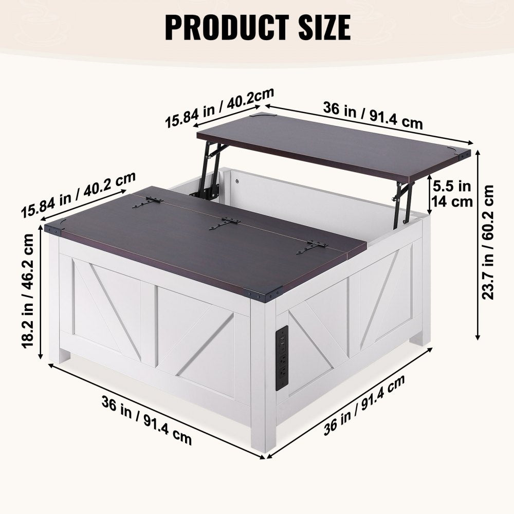 KLLT-04 - 36" Lift-Top Farmhouse Coffee Table with USB Ports and Storage