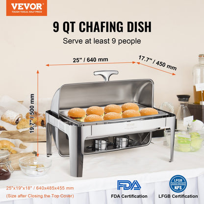 DT-C1104 - 9-Quart Stainless Steel Roll-Top Chafing Dish for Buffets