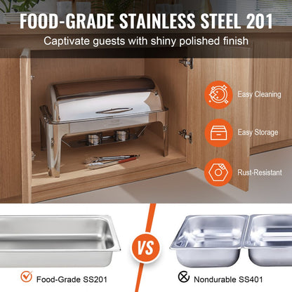 DT-C1104 - 9-Quart Stainless Steel Roll-Top Chafing Dish for Buffets