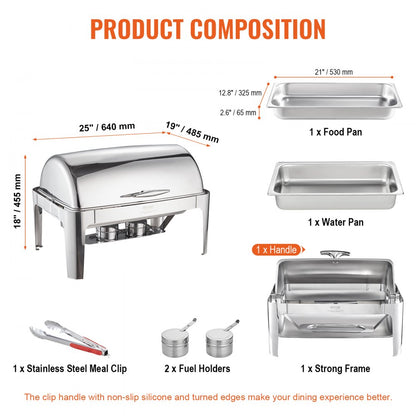 DT-C1104 - 9-Quart Stainless Steel Roll-Top Chafing Dish for Buffets